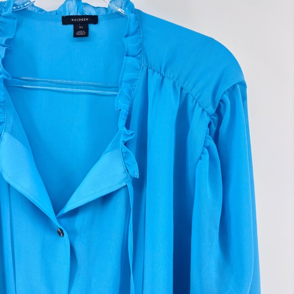 Halogen 3X Blouse Top Blue Long Sleeve Ruffle Neck Button Front Women's - Picture 3 of 4